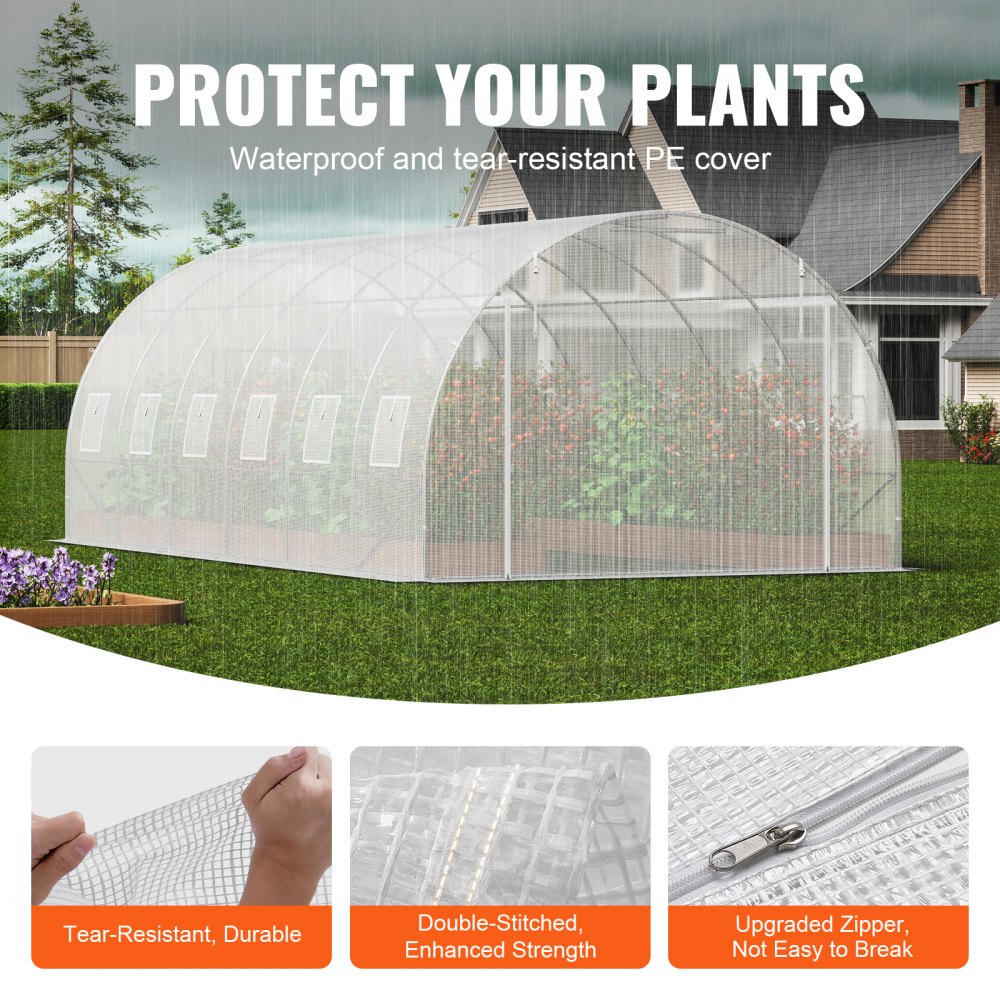 VEVOR Invernadero Túnel 590x295x198 cm Carpa Refugio para Plantas Estructura de Acero Galvanizado Cubierta de PE Puerta Enrollable con Cremallera 12 Ventanas para Cultivo de Verduras Flores, Blanco