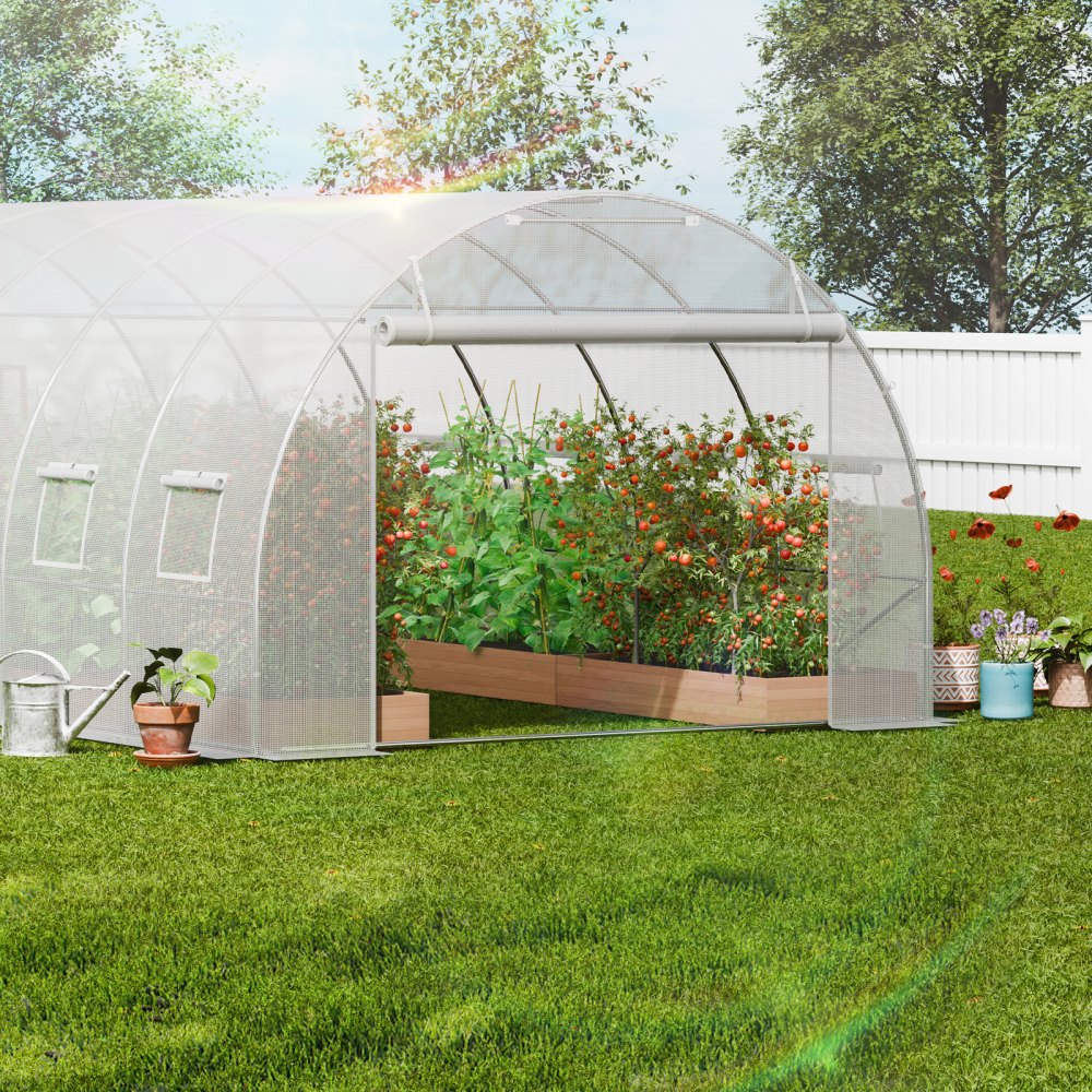 VEVOR Invernadero Túnel 590x295x198 cm Carpa Refugio para Plantas Estructura de Acero Galvanizado Cubierta de PE Puerta Enrollable con Cremallera 12 Ventanas para Cultivo de Verduras Flores, Blanco