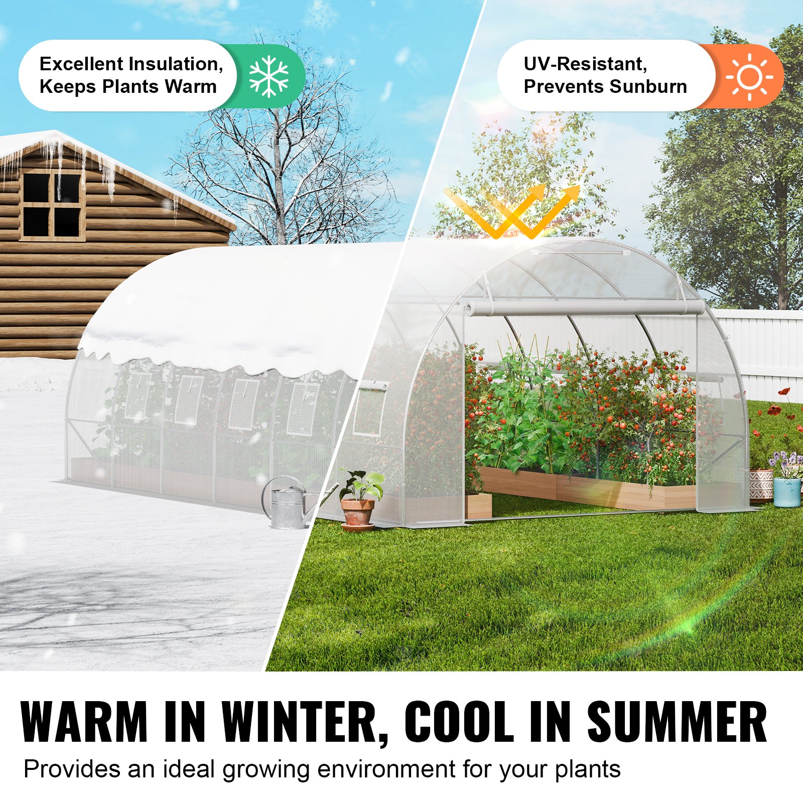 VEVOR Invernadero Túnel 590x295x198 cm Carpa Refugio para Plantas Estructura de Acero Galvanizado Cubierta de PE Puerta Enrollable con Cremallera 12 Ventanas para Cultivo de Verduras Flores, Blanco