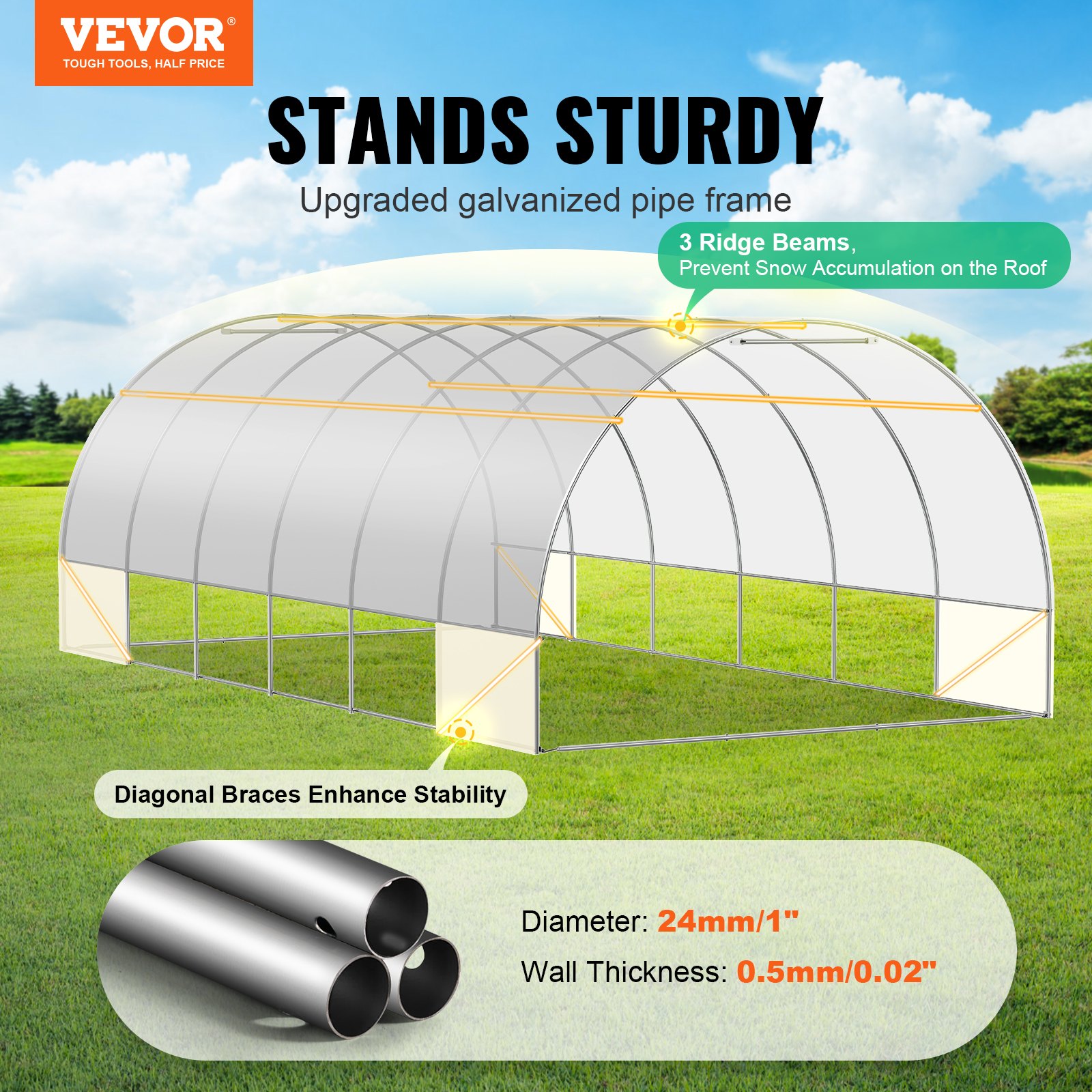 VEVOR Invernadero Túnel 590x295x198 cm Carpa Refugio para Plantas Estructura de Acero Galvanizado Cubierta de PE Puerta Enrollable con Cremallera 12 Ventanas para Cultivo de Verduras Flores, Blanco