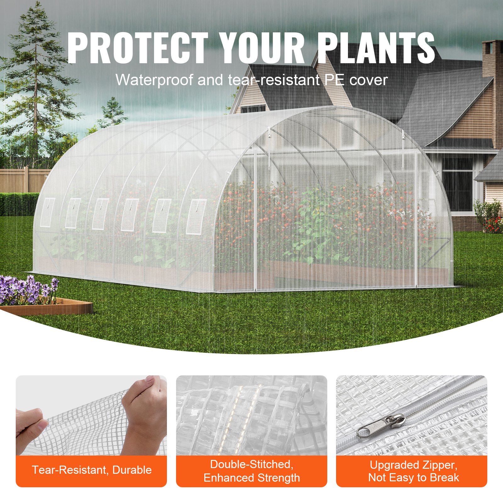 VEVOR Invernadero Túnel 590x295x198 cm Carpa Refugio para Plantas Estructura de Acero Galvanizado Cubierta de PE Puerta Enrollable con Cremallera 12 Ventanas para Cultivo de Verduras Flores, Blanco