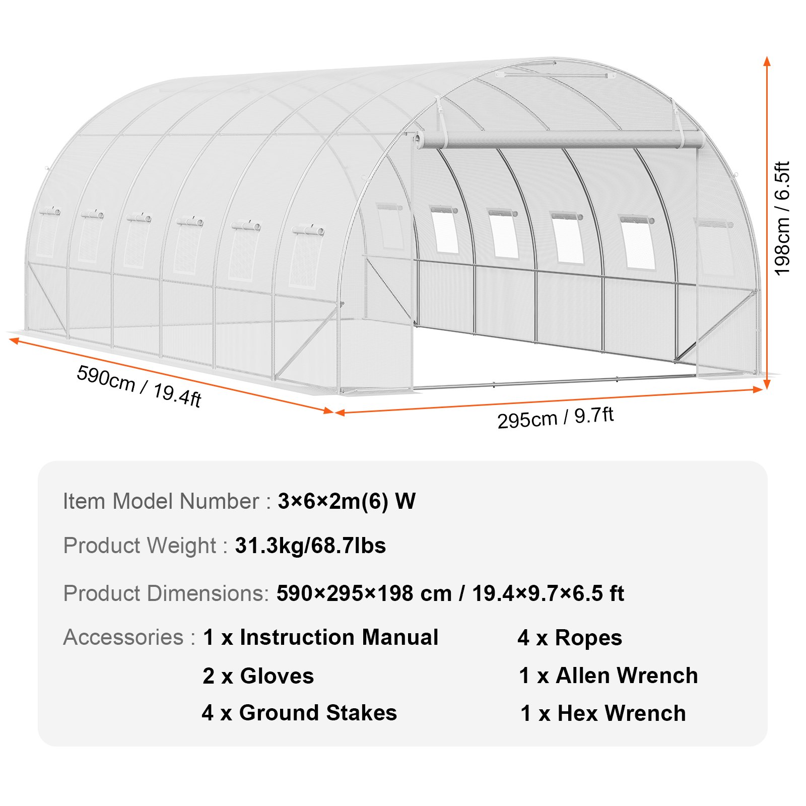 VEVOR Invernadero Túnel 590x295x198 cm Carpa Refugio para Plantas Estructura de Acero Galvanizado Cubierta de PE Puerta Enrollable con Cremallera 12 Ventanas para Cultivo de Verduras Flores, Blanco