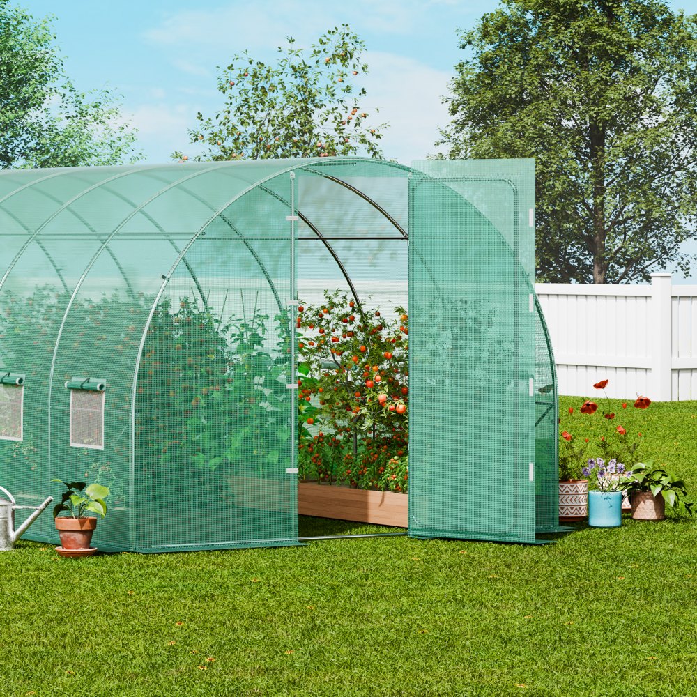 VEVOR Invernadero Túnel 590x295x225 cm Carpa Refugio para Plantas con Estructura de Acero Galvanizado Cubierta de PE Verde Puerta Enrollable con Cremallera 8 Ventanas para Cultivo de Verduras Flores