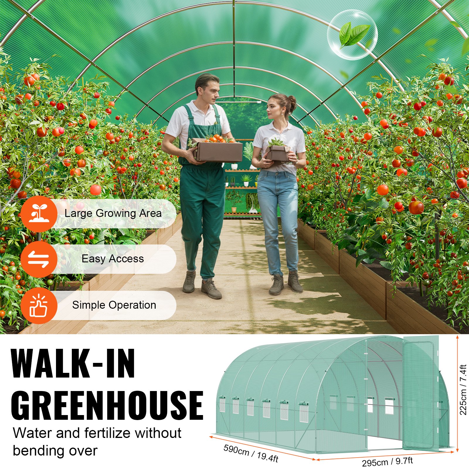 VEVOR Invernadero Túnel 590x295x225 cm Carpa Refugio para Plantas con Estructura de Acero Galvanizado Cubierta de PE Verde Puerta Enrollable con Cremallera 8 Ventanas para Cultivo de Verduras Flores
