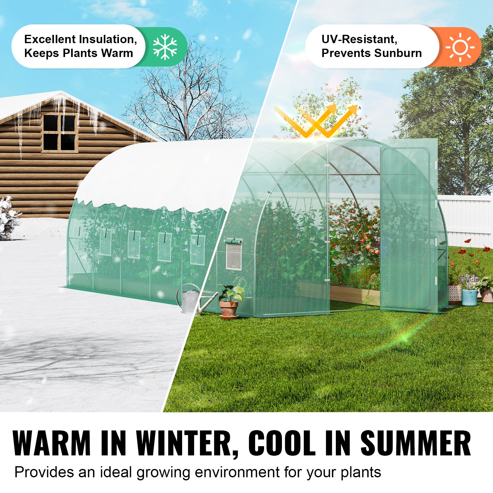 VEVOR Invernadero Túnel 590x295x225 cm Carpa Refugio para Plantas con Estructura de Acero Galvanizado Cubierta de PE Verde Puerta Enrollable con Cremallera 8 Ventanas para Cultivo de Verduras Flores