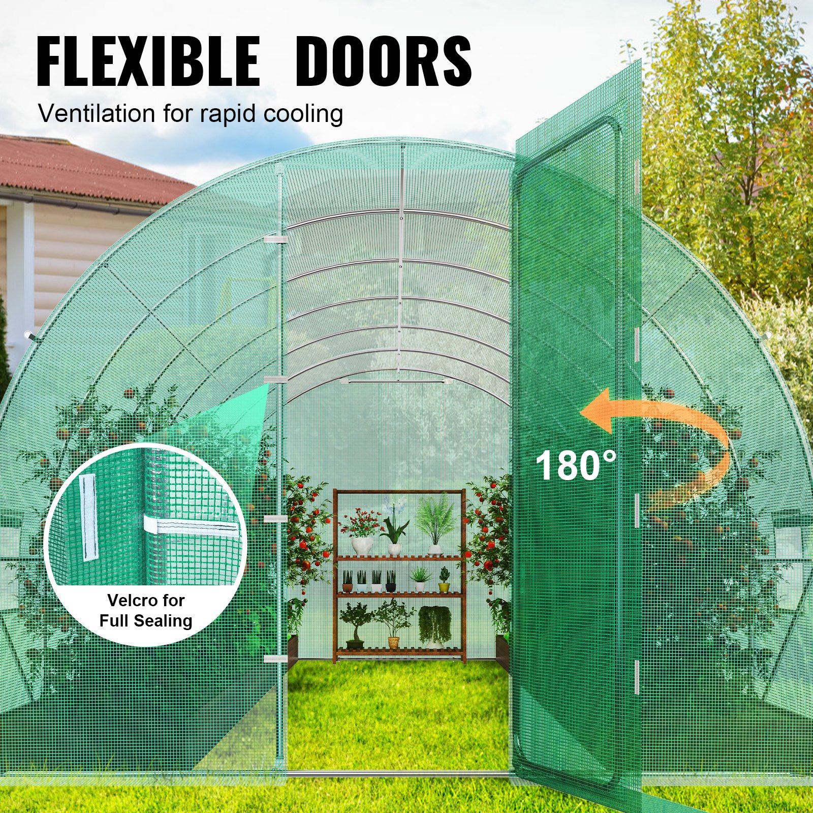 VEVOR Invernadero Túnel 590x295x225 cm Carpa Refugio para Plantas con Estructura de Acero Galvanizado Cubierta de PE Verde Puerta Enrollable con Cremallera 8 Ventanas para Cultivo de Verduras Flores