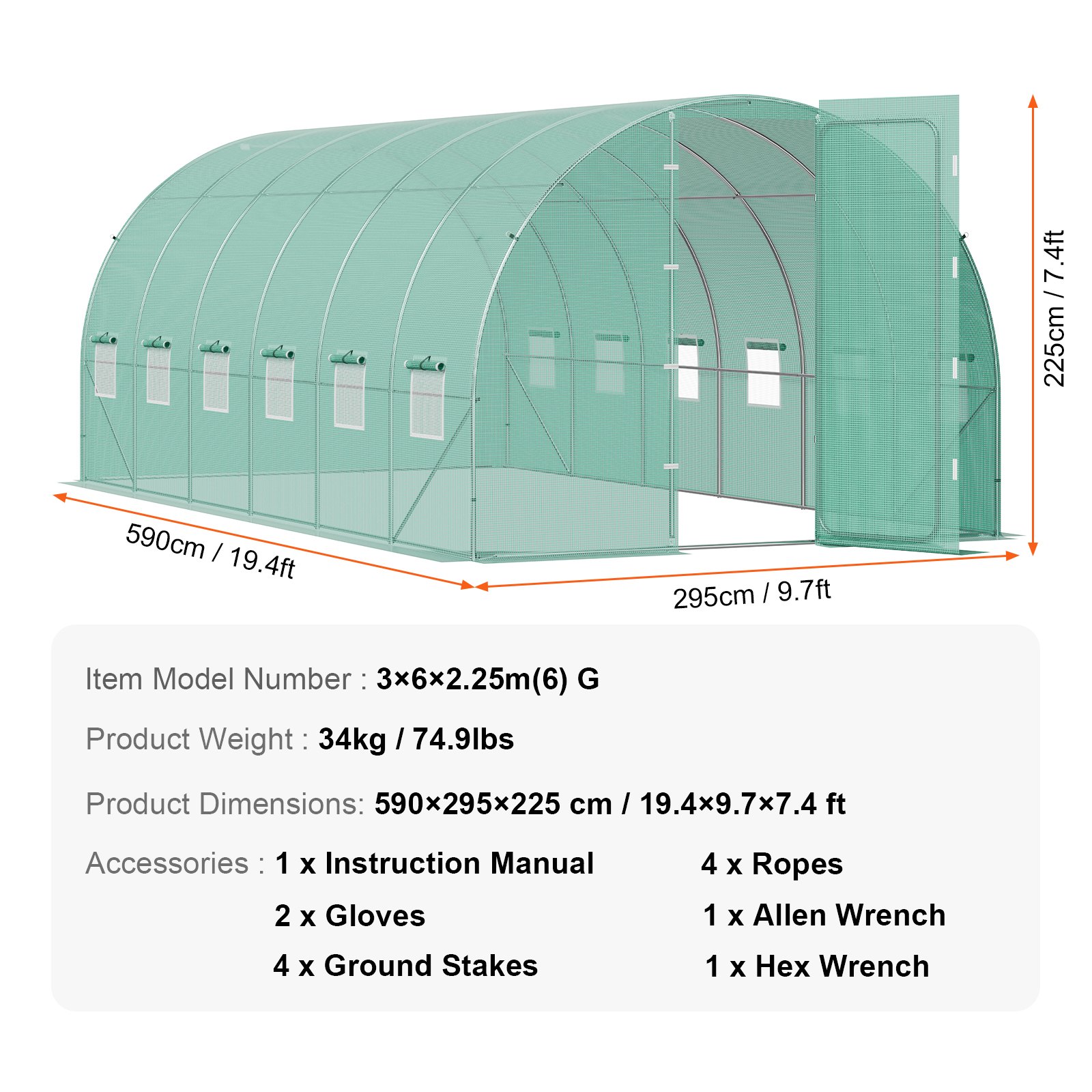 VEVOR Invernadero Túnel 590x295x225 cm Carpa Refugio para Plantas con Estructura de Acero Galvanizado Cubierta de PE Verde Puerta Enrollable con Cremallera 8 Ventanas para Cultivo de Verduras Flores