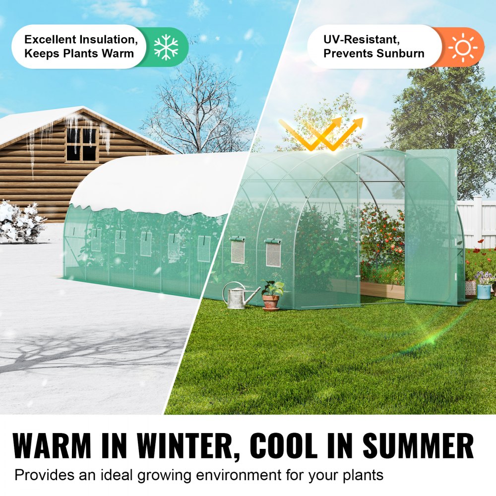 VEVOR Invernadero Túnel 835x290x225 cm Carpa Refugio para Plantas con Estructura de Acero Galvanizado Cubierta de PE Verde Puerta Enrollable con Cremallera 8 Ventanas para Cultivo de Verduras Flores
