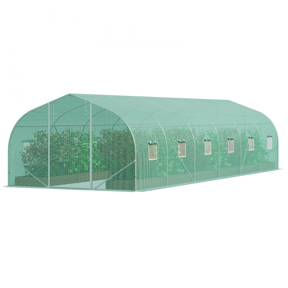 VEVOR Walk-in Tunnel Greenhouse, 29.5 x 9.8 x 6.6 Foot Foil Greenhouse Tunnel, Gable Roof Plant Greenhouse with Galvanized Steel Frame, Green PE Cover, Roll-Up Zipper Door and 12 Outdoor Windows