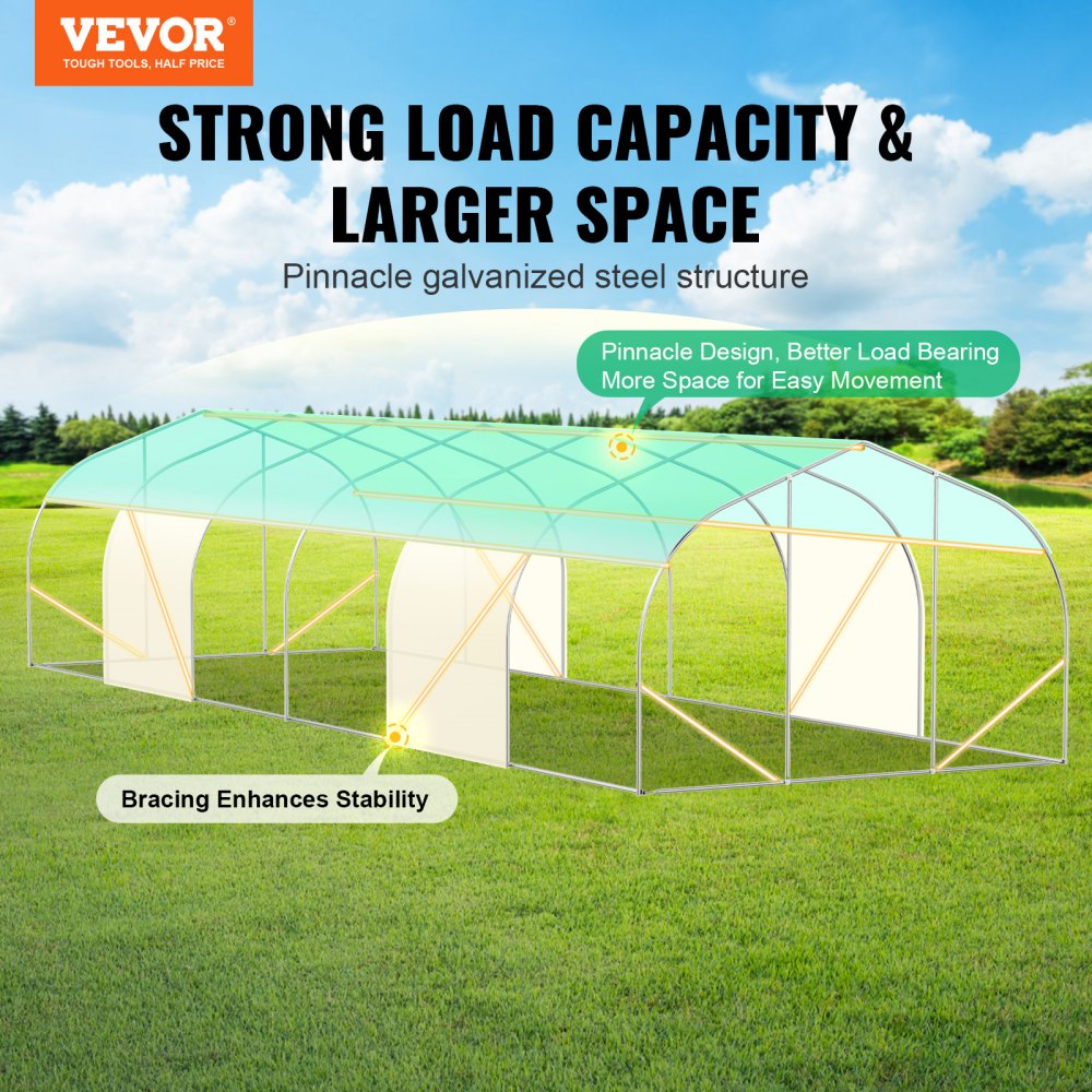 VEVOR Invernadero Túnel 900x300x200 cm Carpa Refugio para Plantas con Estructura de Acero Galvanizado Cubierta de PE Verde Puerta Enrollable con Cremallera 12 Ventanas para Cultivo de Verduras Flores