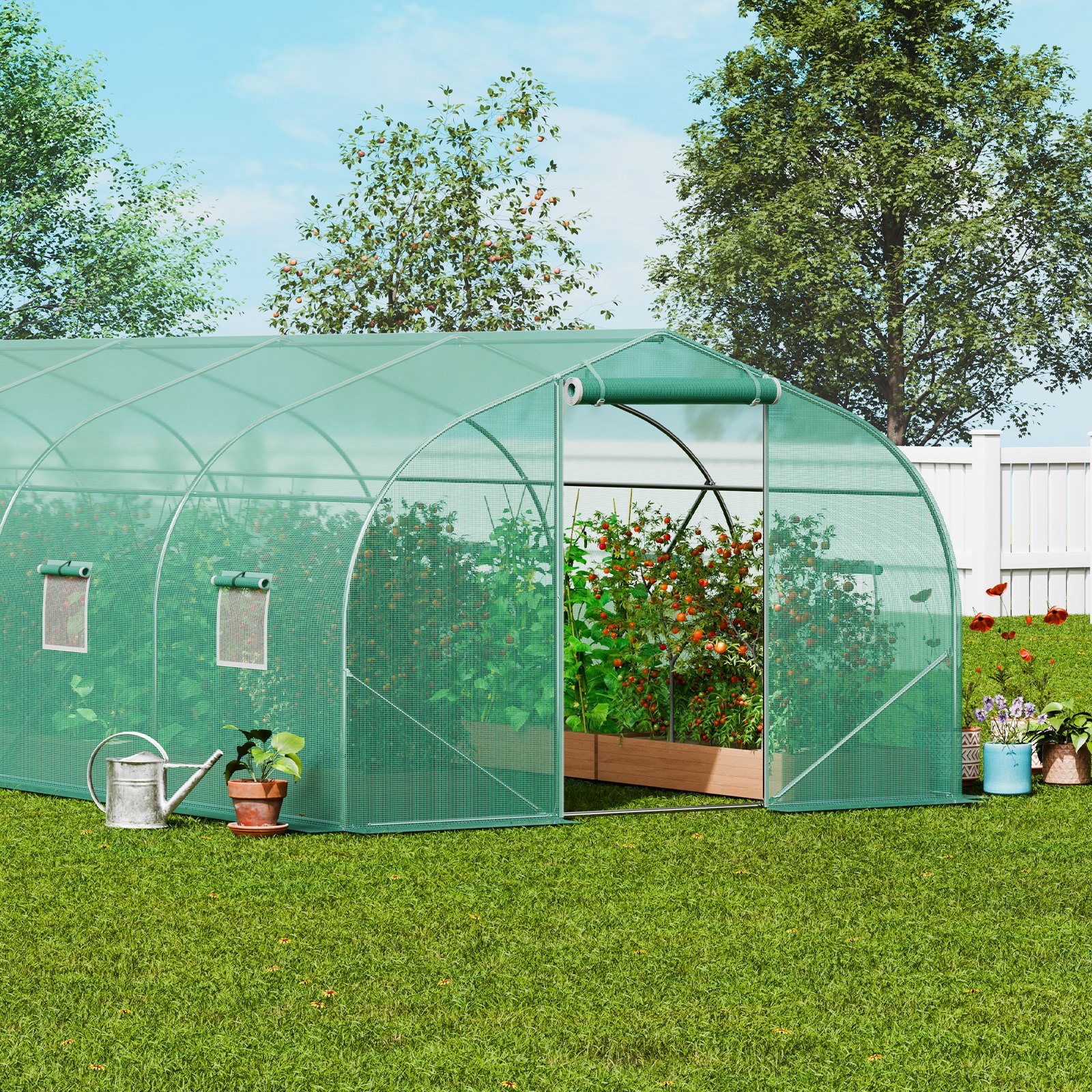 VEVOR Walk-in Tunnel Greenhouse, 29.5 x 9.8 x 6.6 Foot Foil Greenhouse Tunnel, Gable Roof Plant Greenhouse with Galvanized Steel Frame, Green PE Cover, Roll-Up Zipper Door and 12 Outdoor Windows