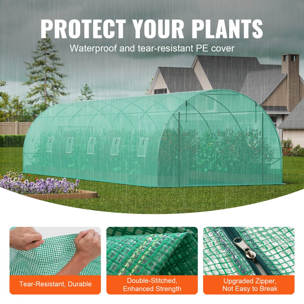 VEVOR Invernadero Túnel 890x295x198 cm Carpa Refugio para Plantas con Estructura de Acero Galvanizado Cubierta de PE Verde Puerta Enrollable con Cremallera 12 Ventanas para Cultivo de Verduras Flores
