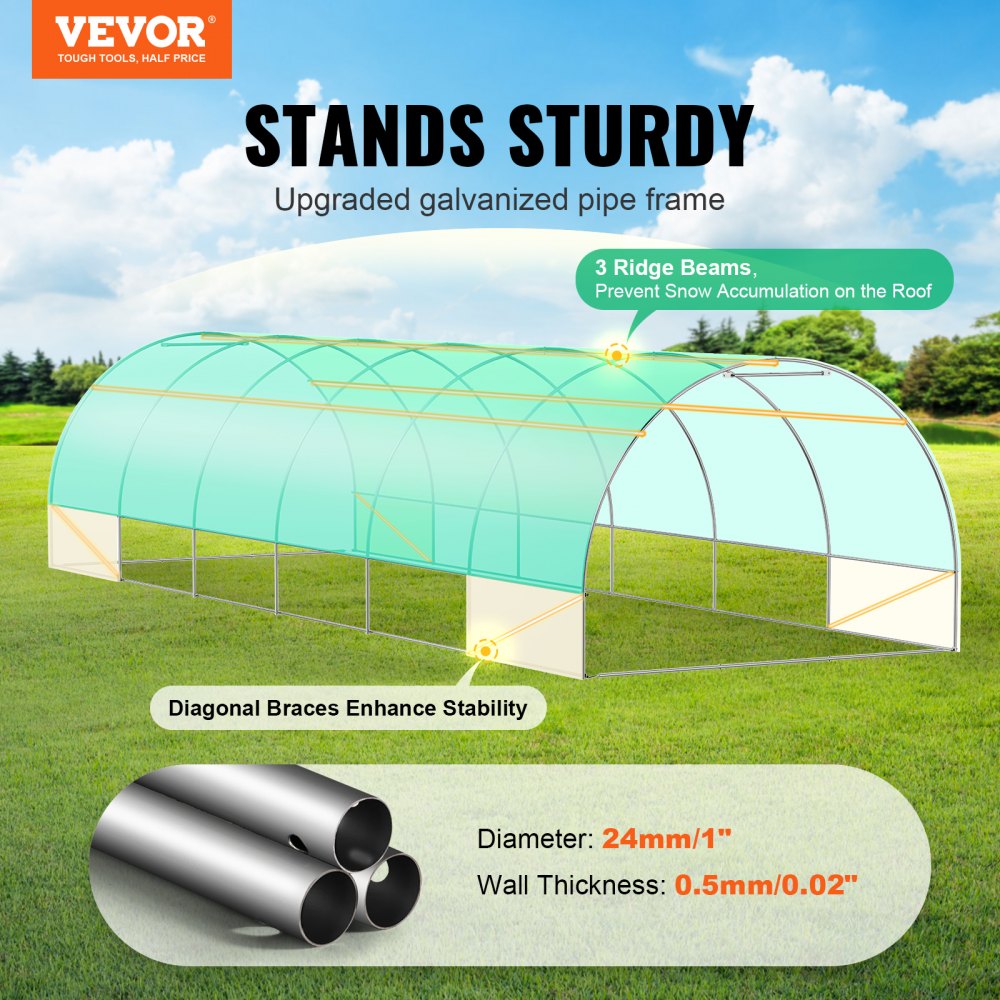 VEVOR Invernadero Túnel 890x295x198 cm Carpa Refugio para Plantas con Estructura de Acero Galvanizado Cubierta de PE Verde Puerta Enrollable con Cremallera 12 Ventanas para Cultivo de Verduras Flores