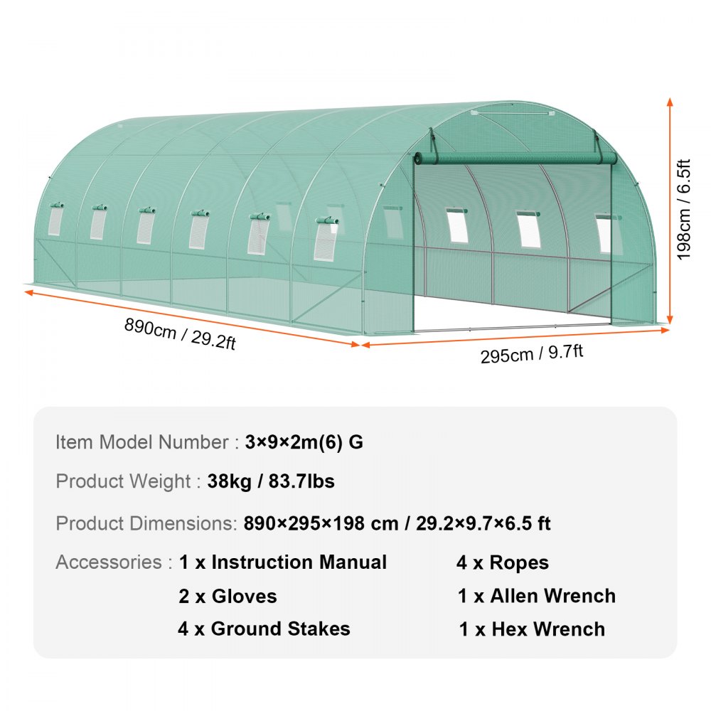 VEVOR Invernadero Túnel 890x295x198 cm Carpa Refugio para Plantas con Estructura de Acero Galvanizado Cubierta de PE Verde Puerta Enrollable con Cremallera 12 Ventanas para Cultivo de Verduras Flores