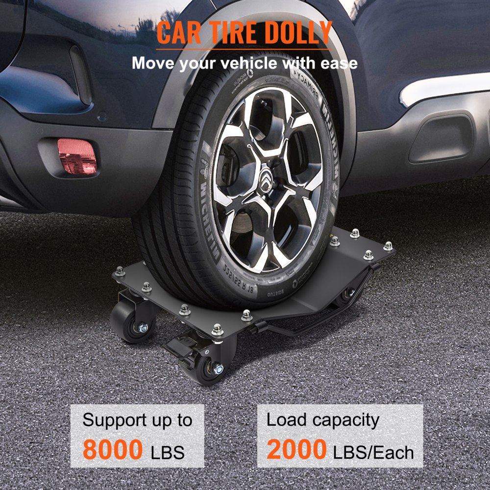 VEVOR Carro de Manipulación de Coches 4 PCS Carga de 907 kg x 4 Plataforma Rodante 44,5 x 30 cm Rueda Bloqueable Ayuda de Maniobra Posicionamiento para Vehículos Mobiliario Equipamiento, Negro