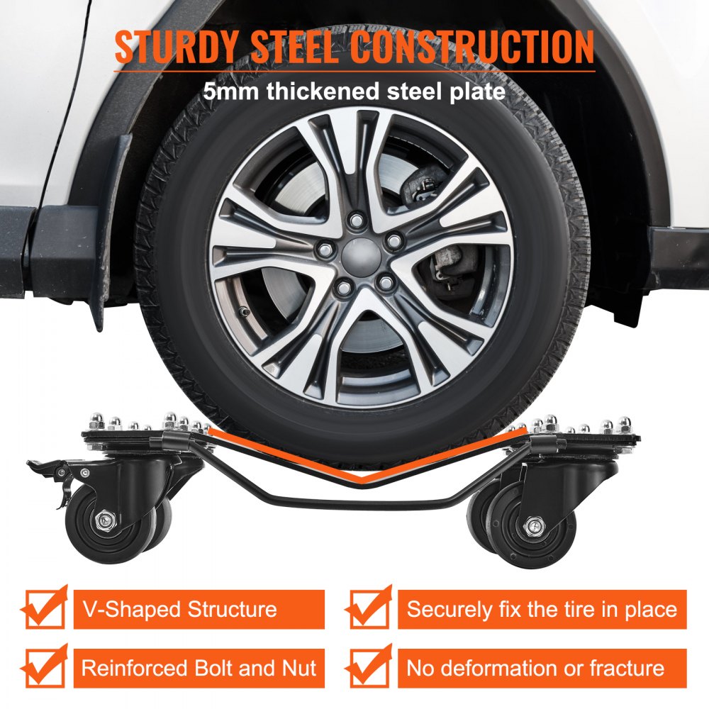 VEVOR Carro de Manipulación de Coches 4 PCS Carga de 907 kg x 4 Plataforma Rodante 44,5 x 30 cm Rueda Bloqueable Ayuda de Maniobra Posicionamiento para Vehículos Mobiliario Equipamiento, Negro