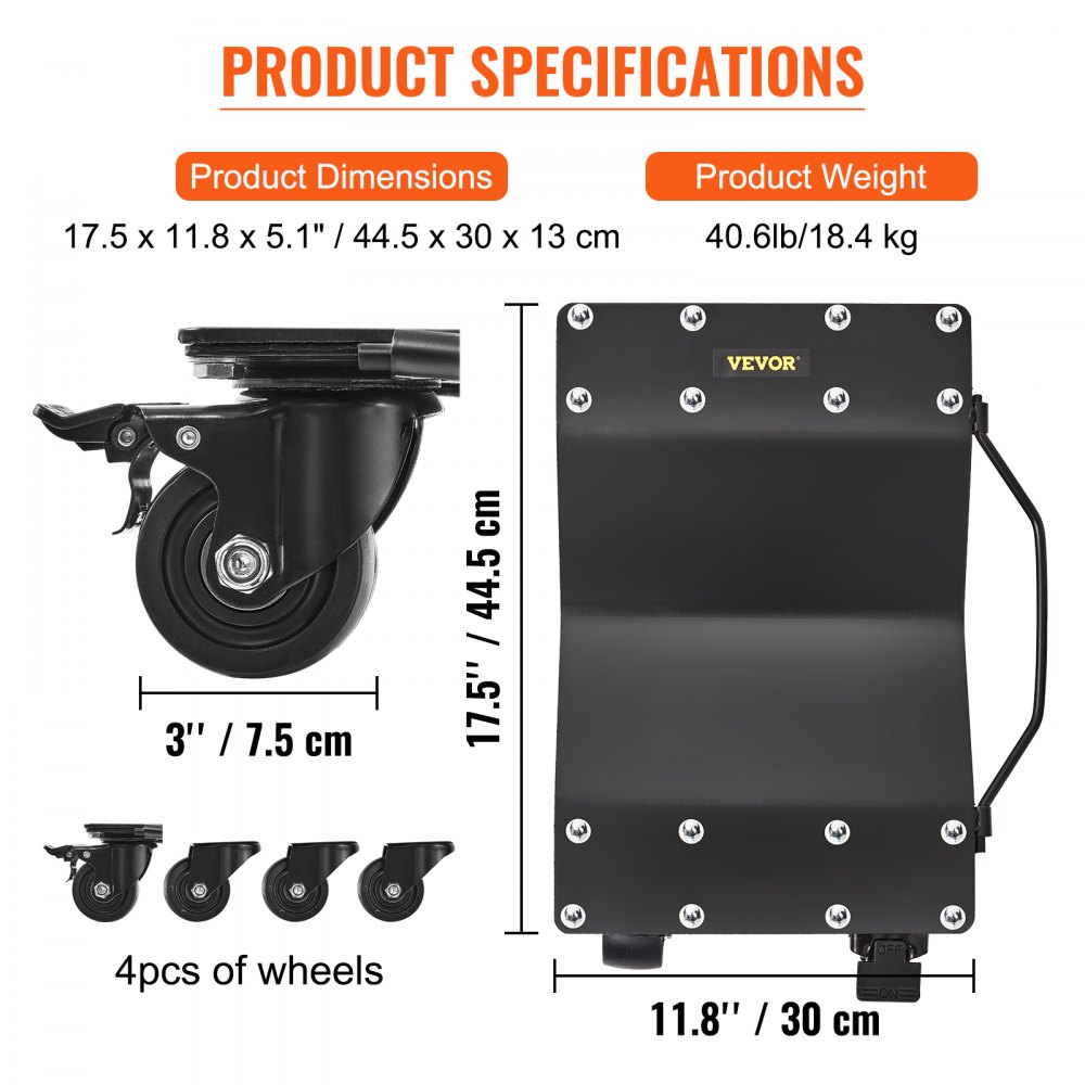 VEVOR Carro de Manipulación de Coches 4 PCS Carga de 907 kg x 4 Plataforma Rodante 44,5 x 30 cm Rueda Bloqueable Ayuda de Maniobra Posicionamiento para Vehículos Mobiliario Equipamiento, Negro