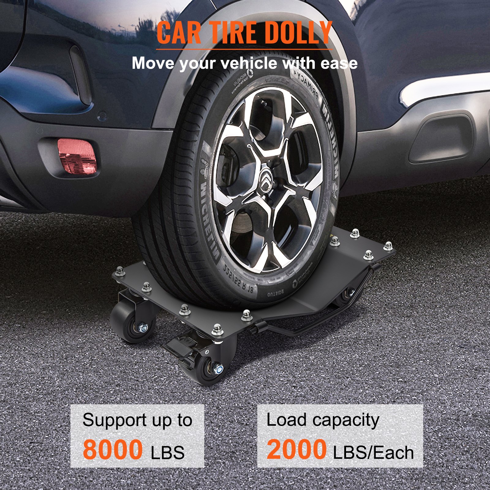 VEVOR Carro de Manipulación de Coches 4 PCS Carga de 907 kg x 4 Plataforma Rodante 44,5 x 30 cm Rueda Bloqueable Ayuda de Maniobra Posicionamiento para Vehículos Mobiliario Equipamiento, Negro