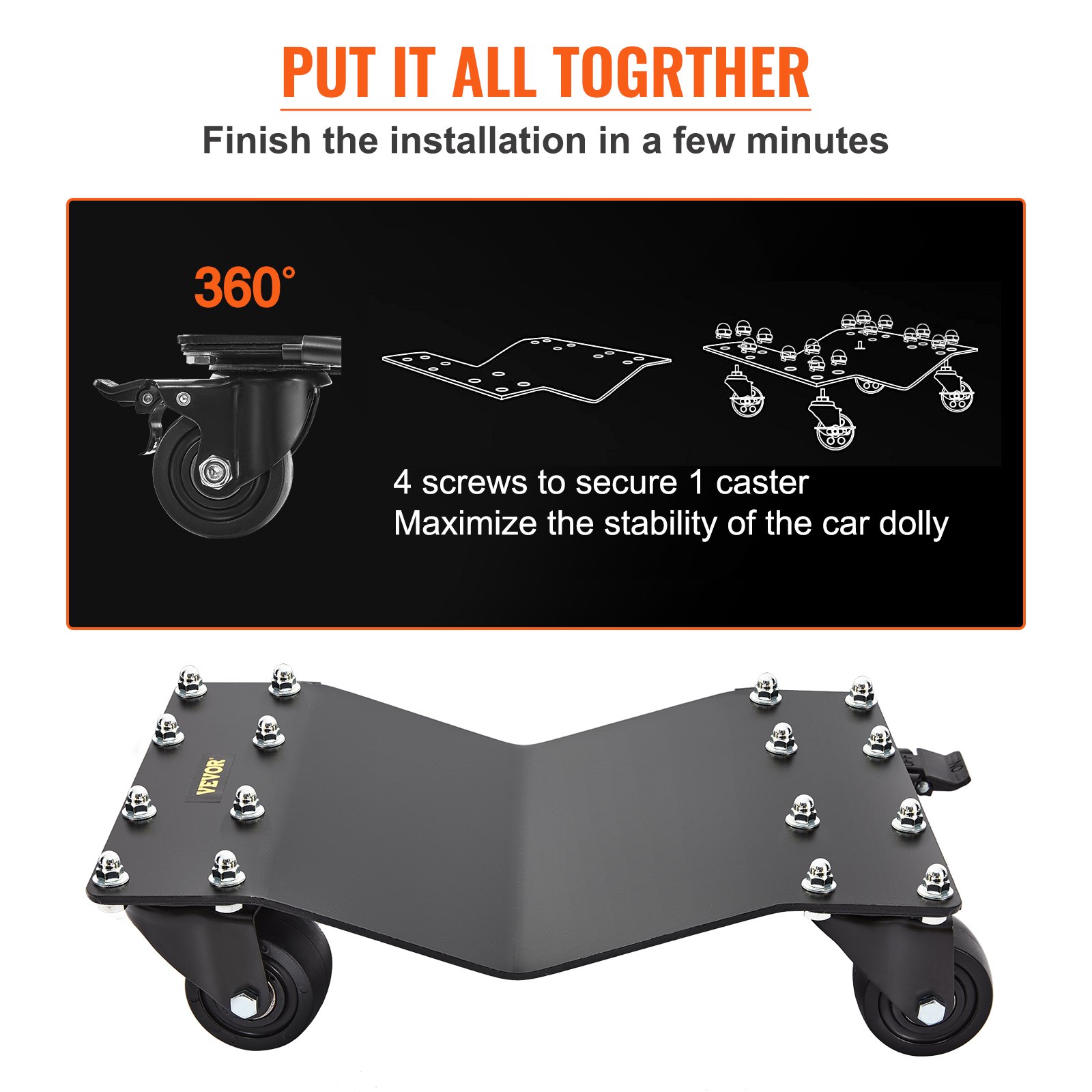 VEVOR Carro de Manipulación de Coches 4 PCS Carga de 907 kg x 4 Plataforma Rodante 44,5 x 30 cm Rueda Bloqueable Ayuda de Maniobra Posicionamiento para Vehículos Mobiliario Equipamiento, Negro