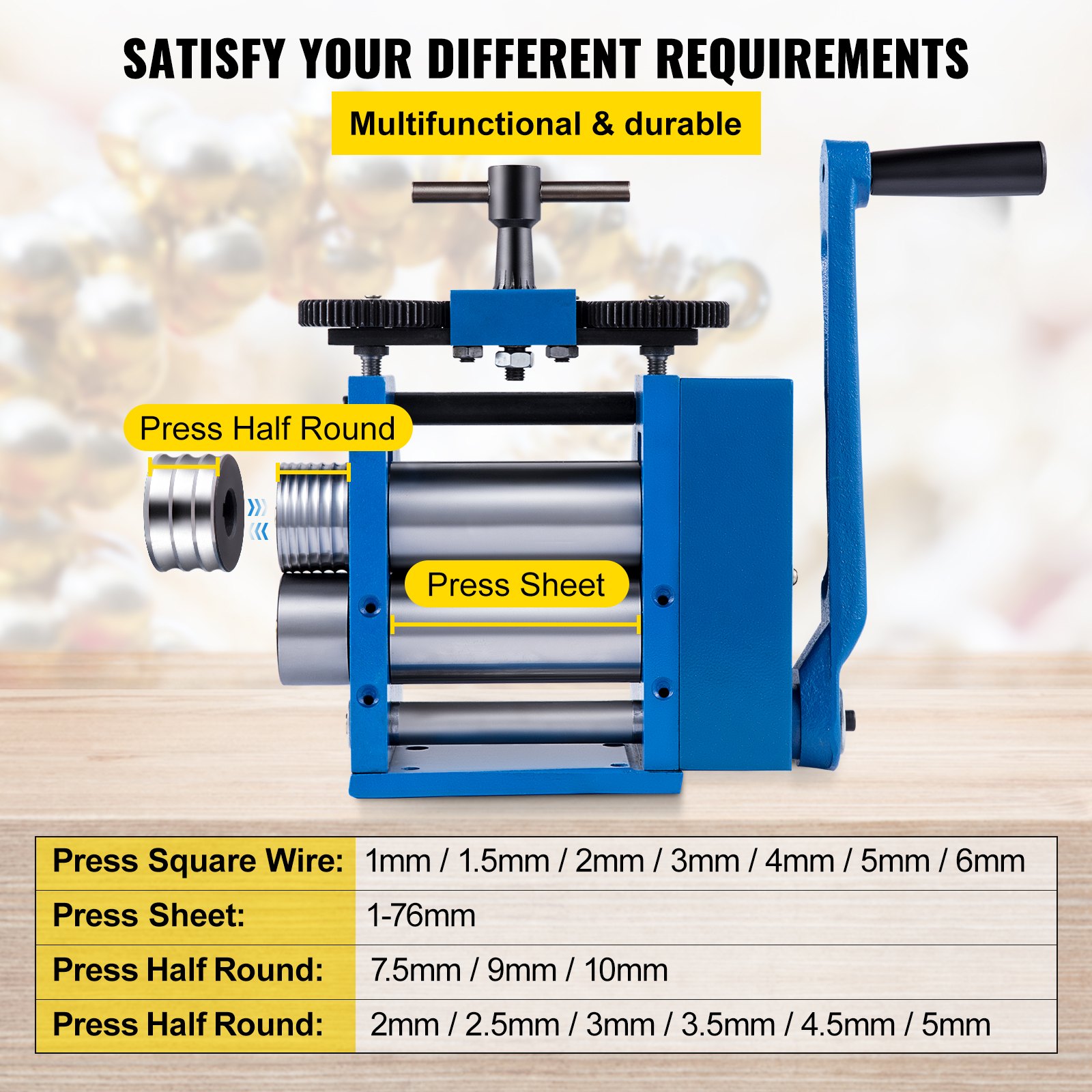 VEVOR Máquina de Laminación Combinada Manual 112 mm 2 Formas de Ranuras Combinación Joyería Laminador de Rodillos 112x48cm Máquina de Laminación de Joyas para Laminado de Alambre de Hoja Metálica