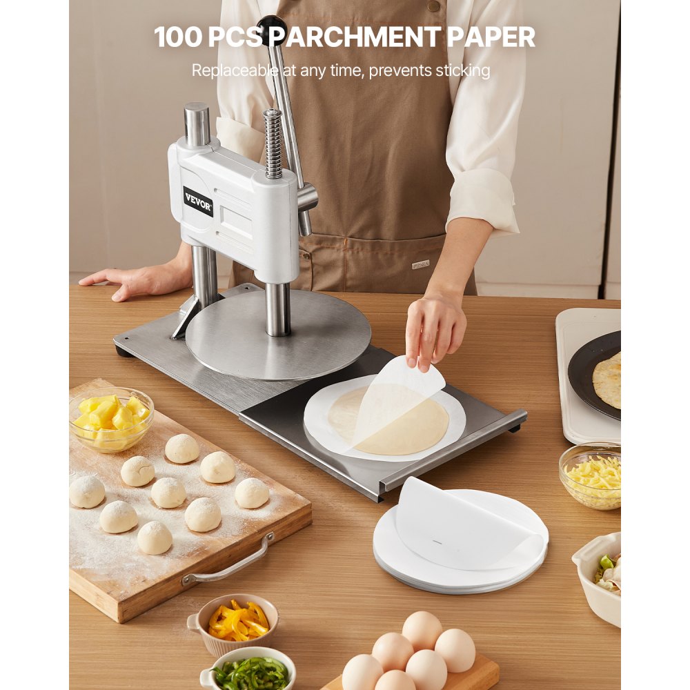 VEVOR Prensa Manual para Masa de Pizza, Placa de 24 cm, Prensa de Pan de Acero Inoxidable, para Hacer Chapatis, Formadora con Asa y 100 Hojas de Papel Pergamino, 400 x 245 x 360 mm, Color Plata