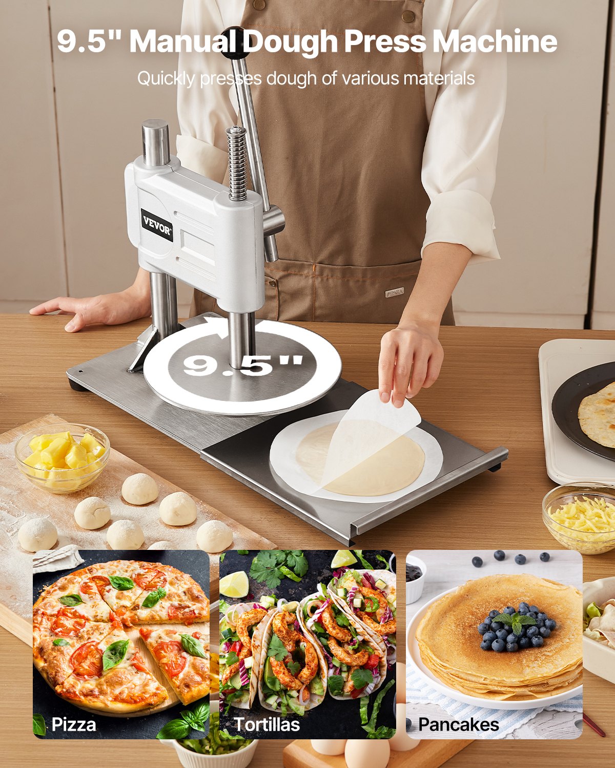 VEVOR Prensa Manual para Masa de Pizza, Placa de 24 cm, Prensa de Pan de Acero Inoxidable, para Hacer Chapatis, Formadora con Asa y 100 Hojas de Papel Pergamino, 400 x 245 x 360 mm, Color Plata