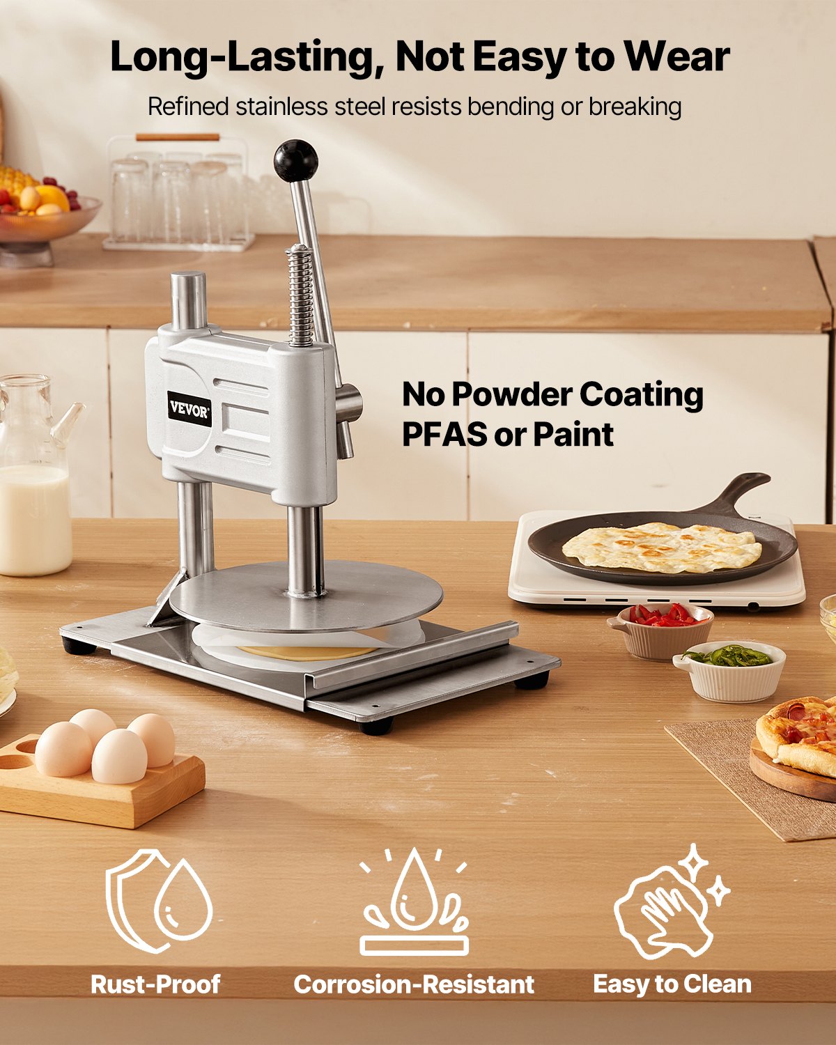VEVOR Prensa Manual para Masa de Pizza, Placa de 24 cm, Prensa de Pan de Acero Inoxidable, para Hacer Chapatis, Formadora con Asa y 100 Hojas de Papel Pergamino, 400 x 245 x 360 mm, Color Plata