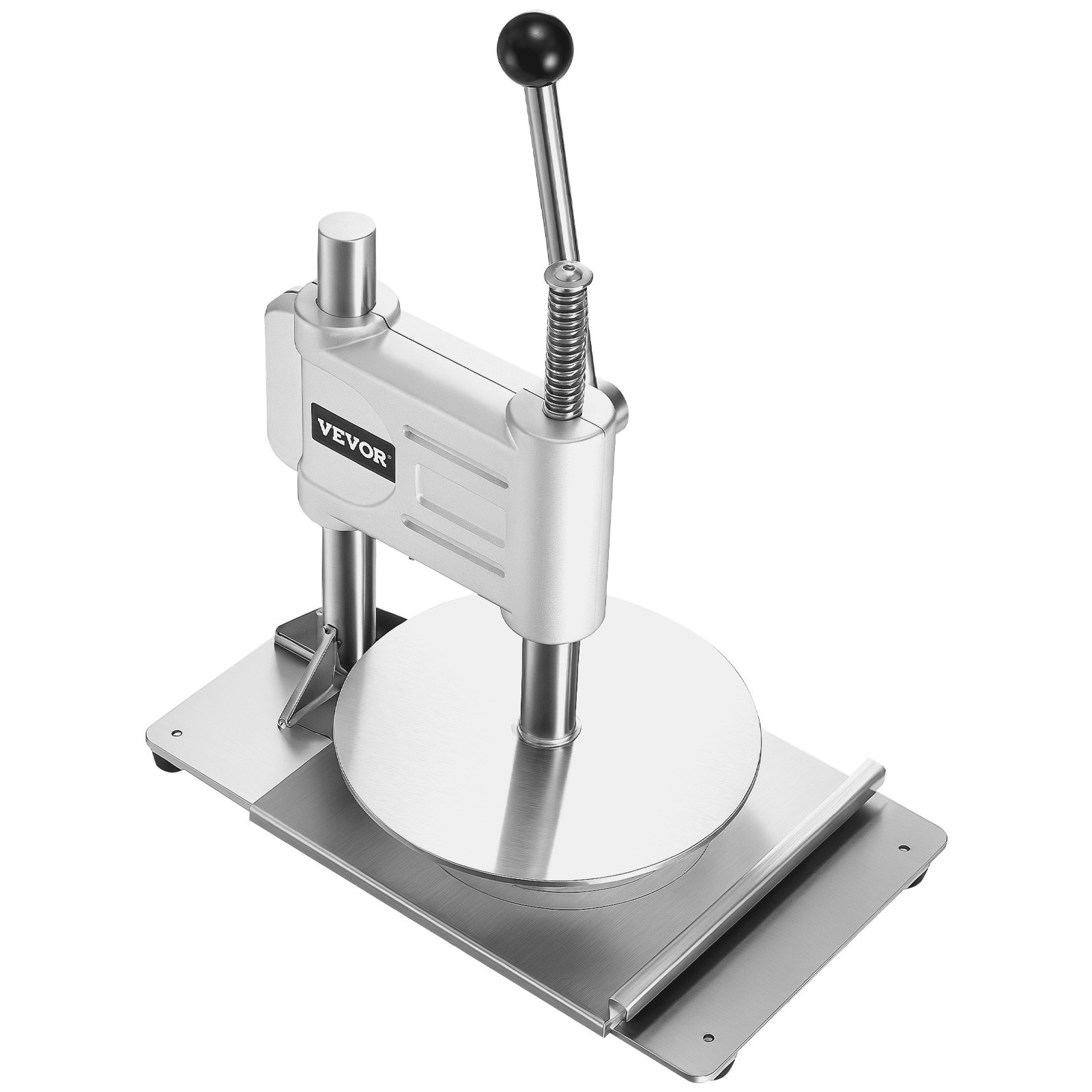 VEVOR Prensa Manual para Masa de Pizza, Placa de 24 cm, Prensa de Pan de Acero Inoxidable, para Hacer Chapatis, Formadora con Asa y 100 Hojas de Papel Pergamino, 400 x 245 x 360 mm, Color Plata