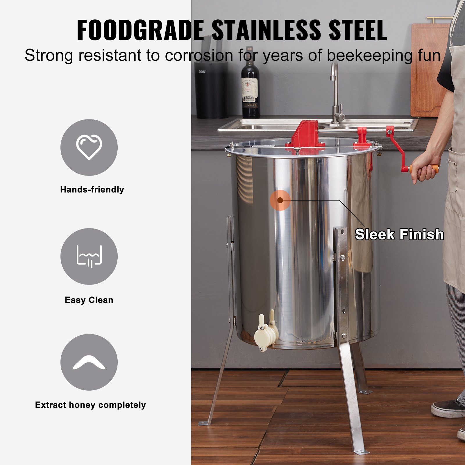 VEVOR Extractor de Miel Manual 4/8 Marcos Centrífuga Separador de Miel de Acero Inoxidable con Tapa Apto para Nido de Abejas Tamaño Profundo 48x23 cm Mediano 48x16 cm Altura Ajustable para Apicultura
