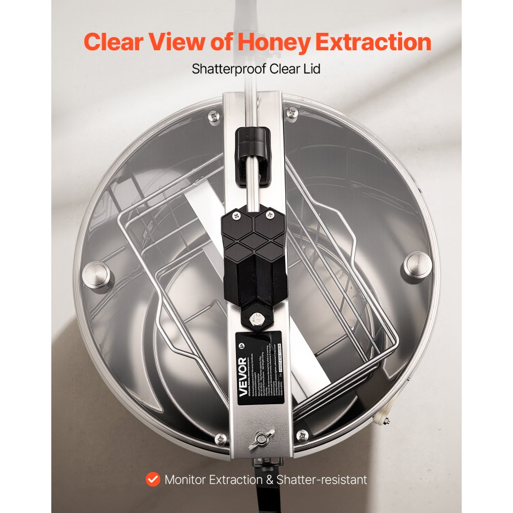 VEVOR Extractor de Miel Manual de Acero Inoxidable 340 mm Centrífuga Separador de Miel 2 Marcos con Tapa Transparente Soporte Altura Ajustable 30-38 cm Equipo de Extracción de Panal para Apicultura