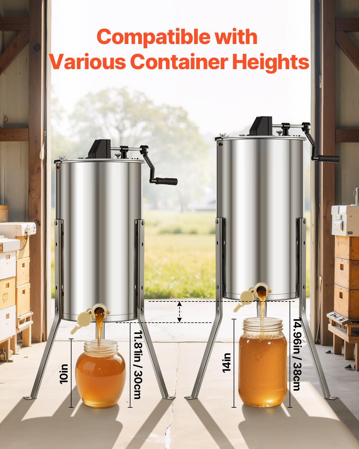 VEVOR Extractor de Miel Manual de Acero Inoxidable 340 mm Centrífuga Separador de Miel 2 Marcos con Tapa Transparente Soporte Altura Ajustable 30-38 cm Equipo de Extracción de Panal para Apicultura