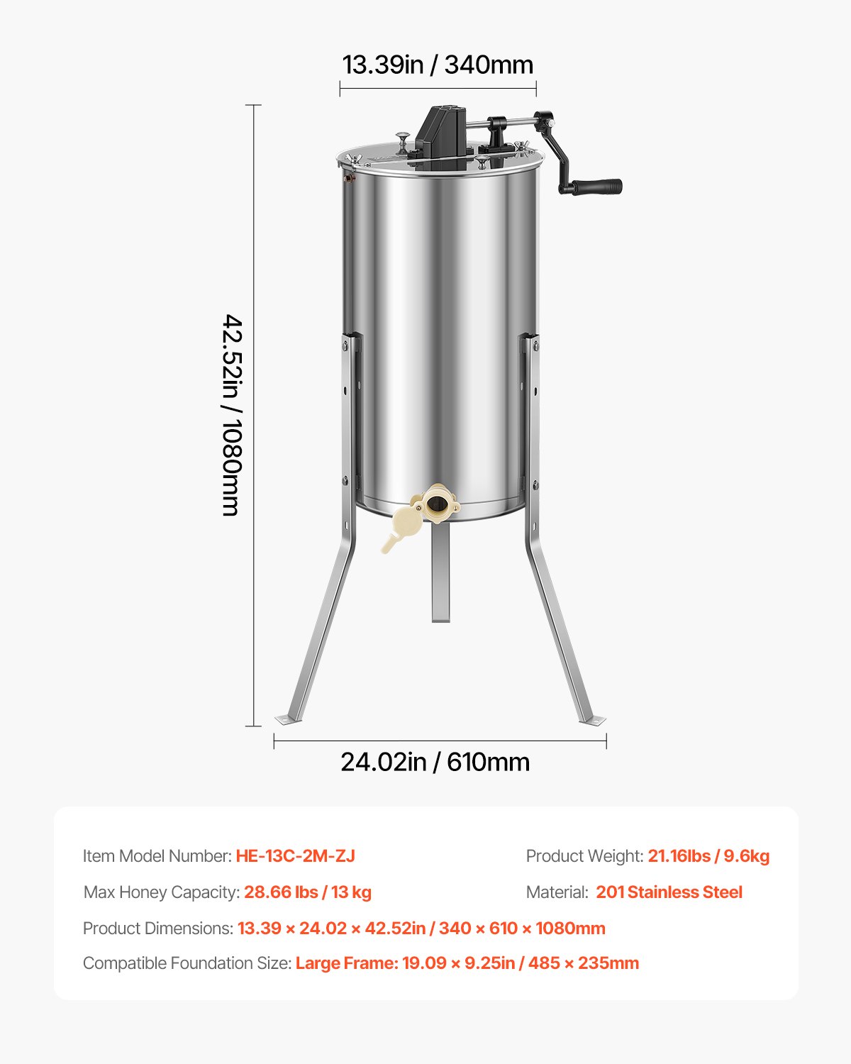 VEVOR Extractor de Miel Manual de Acero Inoxidable 340 mm Centrífuga Separador de Miel 2 Marcos con Tapa Transparente Soporte Altura Ajustable 30-38 cm Equipo de Extracción de Panal para Apicultura