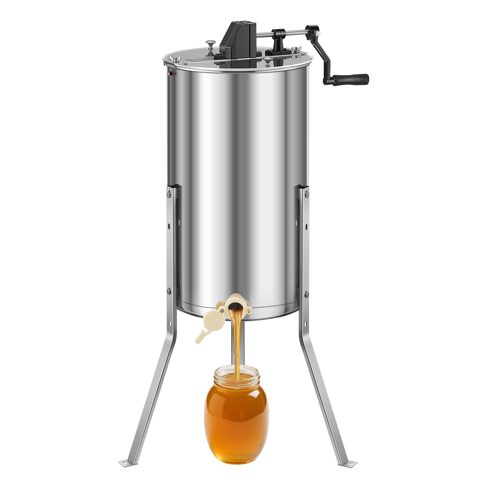VEVOR Extractor de Miel Manual de Acero Inoxidable 340 mm Centrífuga Separador de Miel 2 Marcos con Tapa Transparente Soporte Altura Ajustable 30-38 cm Equipo de Extracción de Panal para Apicultura
