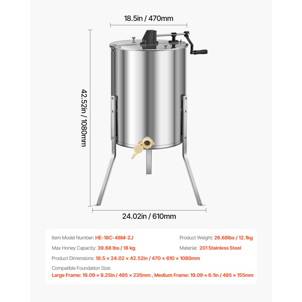 VEVOR Extractor de Miel Manual de Acero Inoxidable 470 mm Centrífuga Separador de Miel 4/8 Marcos con Tapa Transparente Soporte Altura Ajustable 30-38 cm Equipo de Extracción de Panal para Apicultura
