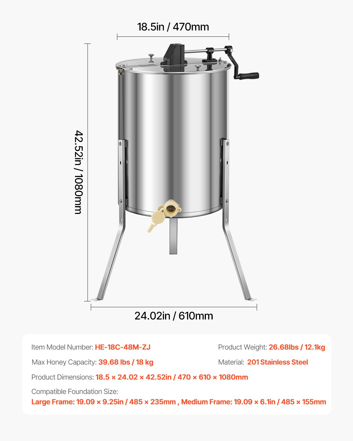 VEVOR Extractor de Miel Manual de Acero Inoxidable 470 mm Centrífuga Separador de Miel 4/8 Marcos con Tapa Transparente Soporte Altura Ajustable 30-38 cm Equipo de Extracción de Panal para Apicultura