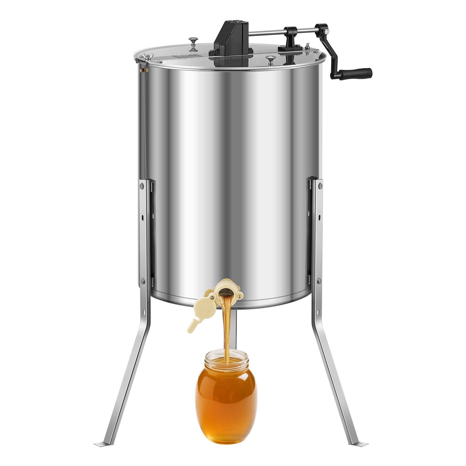 VEVOR Extractor de Miel Manual de Acero Inoxidable 470 mm Centrífuga Separador de Miel 4/8 Marcos con Tapa Transparente Soporte Altura Ajustable 30-38 cm Equipo de Extracción de Panal para Apicultura