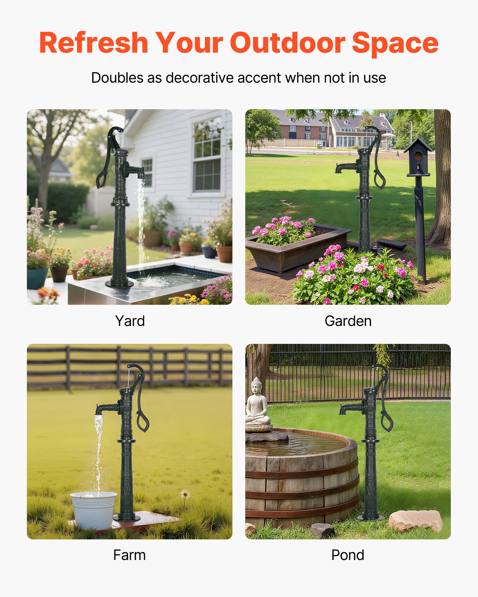 VEVOR Well Hand Pitcher Pump, 20 ft Max Lift, Antique Cast Iron Manual Hand Water Pump with Heightening Base, NPT 1-1/4 in Connection, Easy Installation, for Outdoor Garden, Pond, Yard, Farm, Green