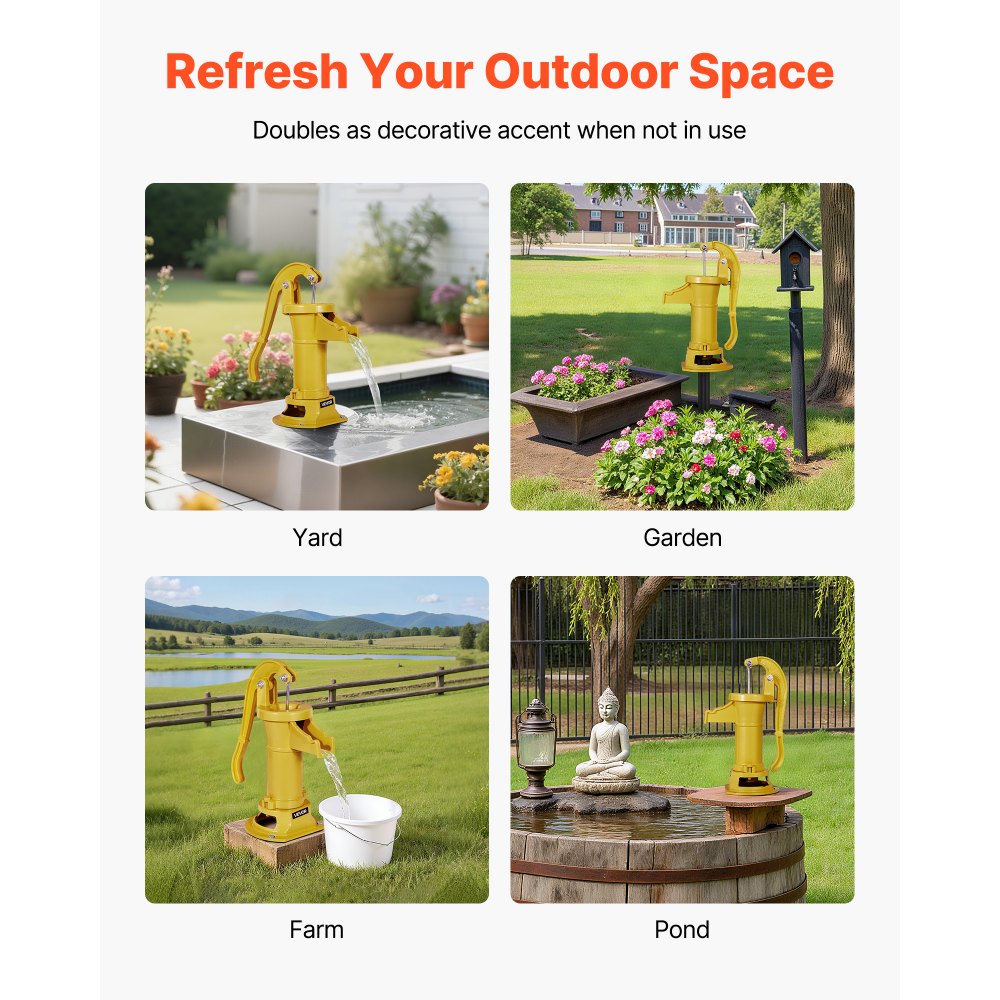 VEVOR Bomba Manual Antigua, 7,6 m de Elevación, de Estilo Nostálgico, de Hierro Fundido, para Pozo, con Conexión NPT, para Jardín, Estanque, Patio y Granja, Color Amarillo, 230 x 180 x 400 mm