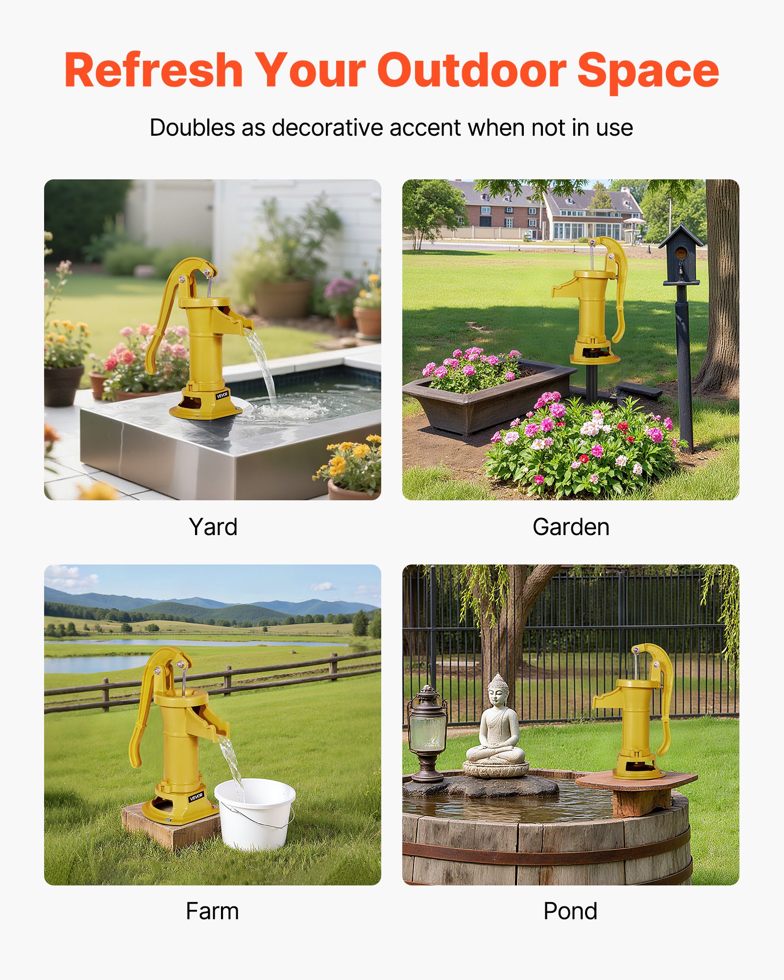 VEVOR Bomba Manual Antigua, 7,6 m de Elevación, de Estilo Nostálgico, de Hierro Fundido, para Pozo, con Conexión NPT, para Jardín, Estanque, Patio y Granja, Color Amarillo, 230 x 180 x 400 mm