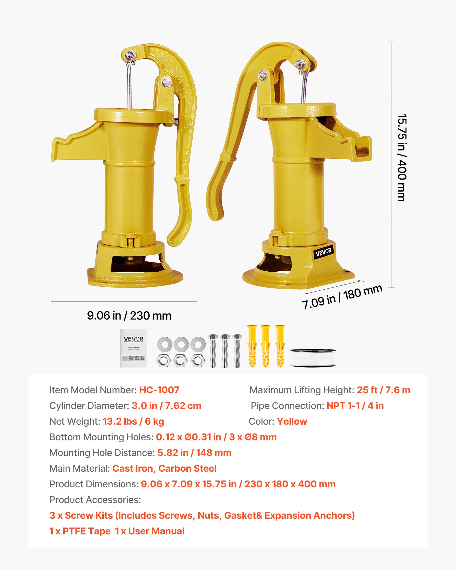VEVOR Bomba Manual Antigua, 7,6 m de Elevación, de Estilo Nostálgico, de Hierro Fundido, para Pozo, con Conexión NPT, para Jardín, Estanque, Patio y Granja, Color Amarillo, 230 x 180 x 400 mm