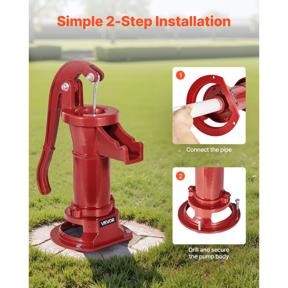VEVOR Bomba Manual Antigua, 7,6 m de Elevación, de Hierro Fundido, para Pozo, con Conexión NPT, para Jardín, Estanque, Patio y Granja, Pico en Forma de Gancho, Color Rojo, 230 x 180 x 400 mm