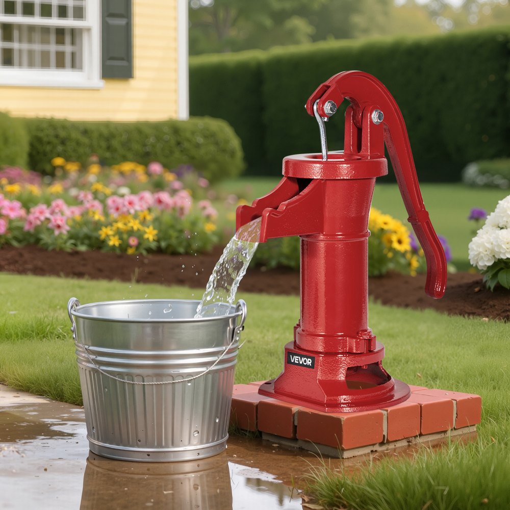 VEVOR Bomba Manual Antigua, 7,6 m de Elevación, de Hierro Fundido, para Pozo, con Conexión NPT, para Jardín, Estanque, Patio y Granja, Pico en Forma de Gancho, Color Rojo, 230 x 180 x 400 mm