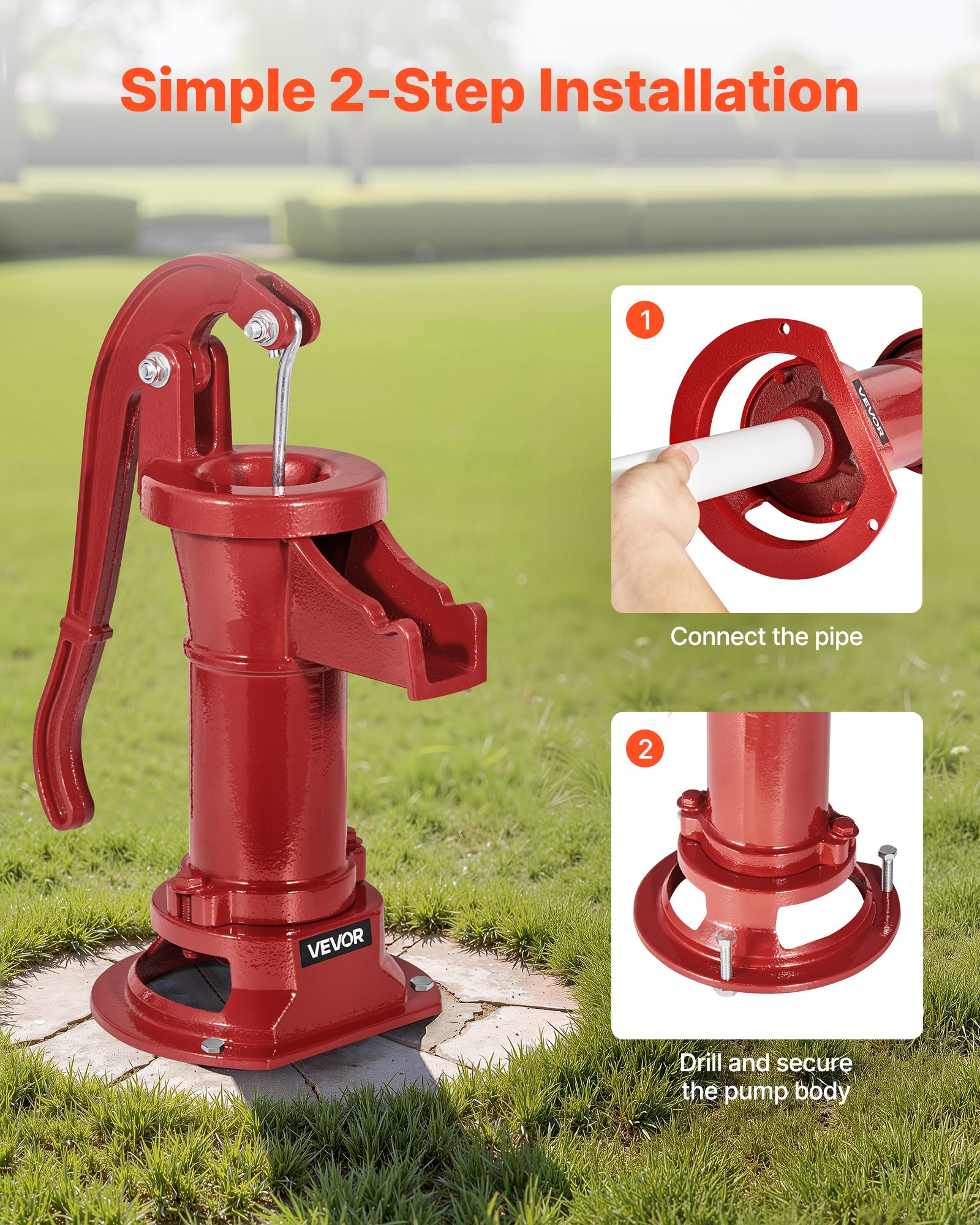 VEVOR Bomba Manual Antigua, 7,6 m de Elevación, de Hierro Fundido, para Pozo, con Conexión NPT, para Jardín, Estanque, Patio y Granja, Pico en Forma de Gancho, Color Rojo, 230 x 180 x 400 mm