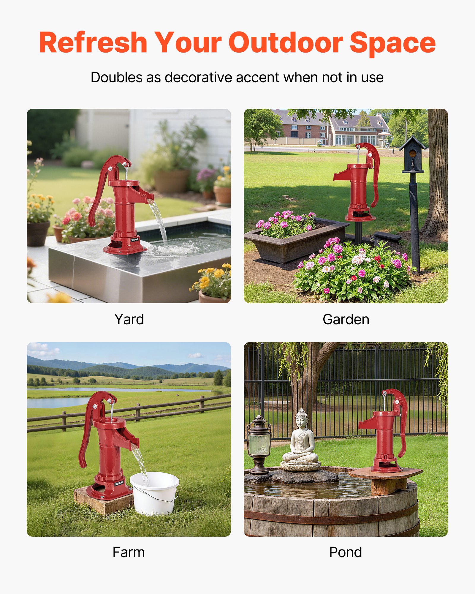 VEVOR Bomba Manual Antigua, 7,6 m de Elevación, de Hierro Fundido, para Pozo, con Conexión NPT, para Jardín, Estanque, Patio y Granja, Pico en Forma de Gancho, Color Rojo, 230 x 180 x 400 mm