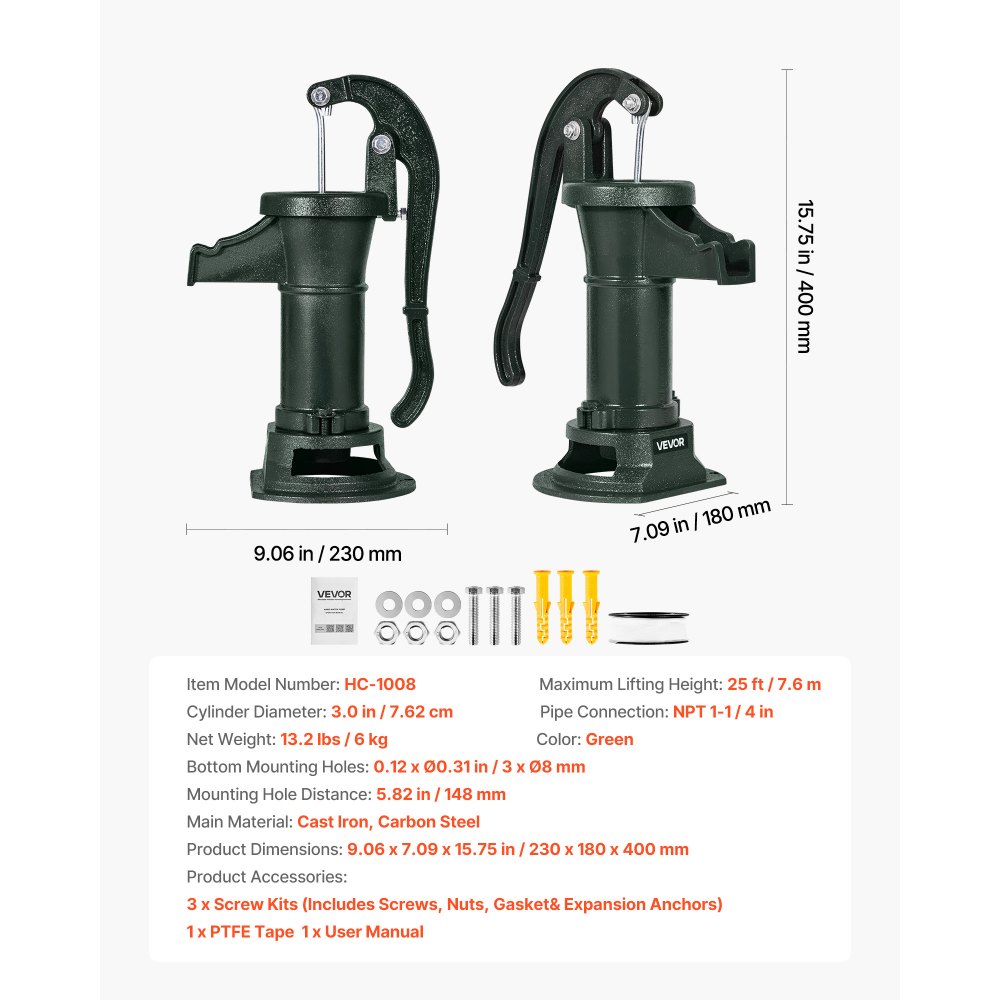 VEVOR Well Hand Pitcher Pump, 25 ft Maximum Lift, Antique Cast Iron Manual Hand Water Pump, NPT 1-1/4 in Connection, Easy Installation, Old Fashioned for Outdoor Garden, Pond, Backyard, Farm, Green
