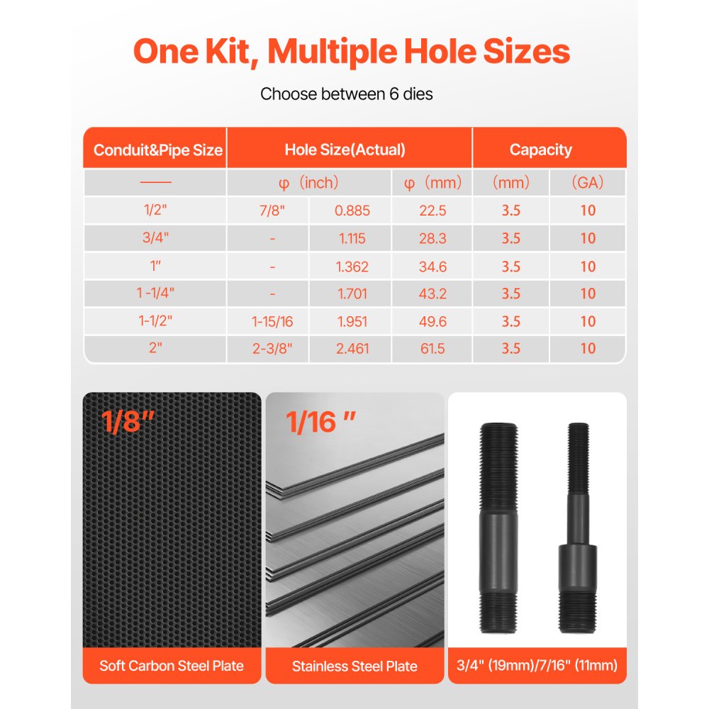 VEVOR kit de Perforación Hidráulica de 10 T, con 6 Punzones de 12,7-50,8 mm, para Metal, Acero Inoxidable, Aluminio y Plástico, para Talleres, Obras de Construcción e Instalaciones Eléctricas