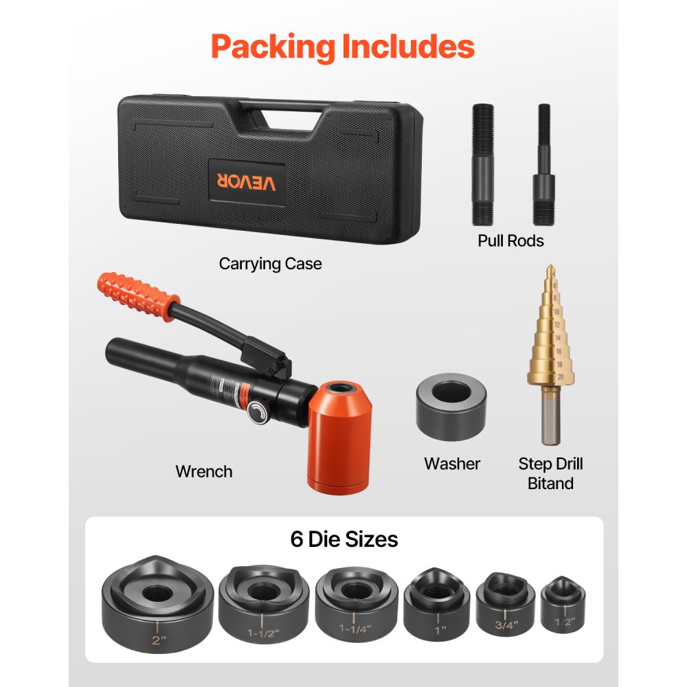 VEVOR kit de Perforación Hidráulica de 10 T, con 6 Punzones de 12,7-50,8 mm, para Metal, Acero Inoxidable, Aluminio y Plástico, para Talleres, Obras de Construcción e Instalaciones Eléctricas