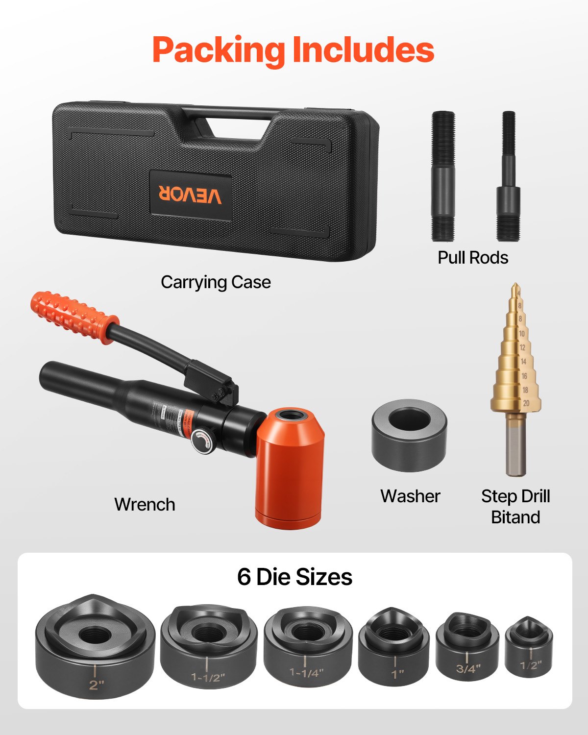 VEVOR kit de Perforación Hidráulica de 10 T, con 6 Punzones de 12,7-50,8 mm, para Metal, Acero Inoxidable, Aluminio y Plástico, para Talleres, Obras de Construcción e Instalaciones Eléctricas