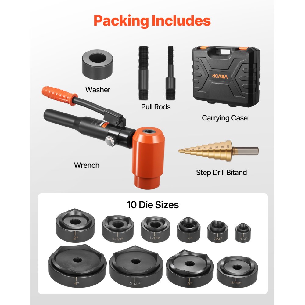 VEVOR Kit de Punzón Pelador de 15 T, Juego de Punzones de 12,7 a 101,6 mm, Herramienta para Hacer Agujeros, con 10 Matrices para Armarios Eléctricos Metálicos y Armarios de Distribución, Negro