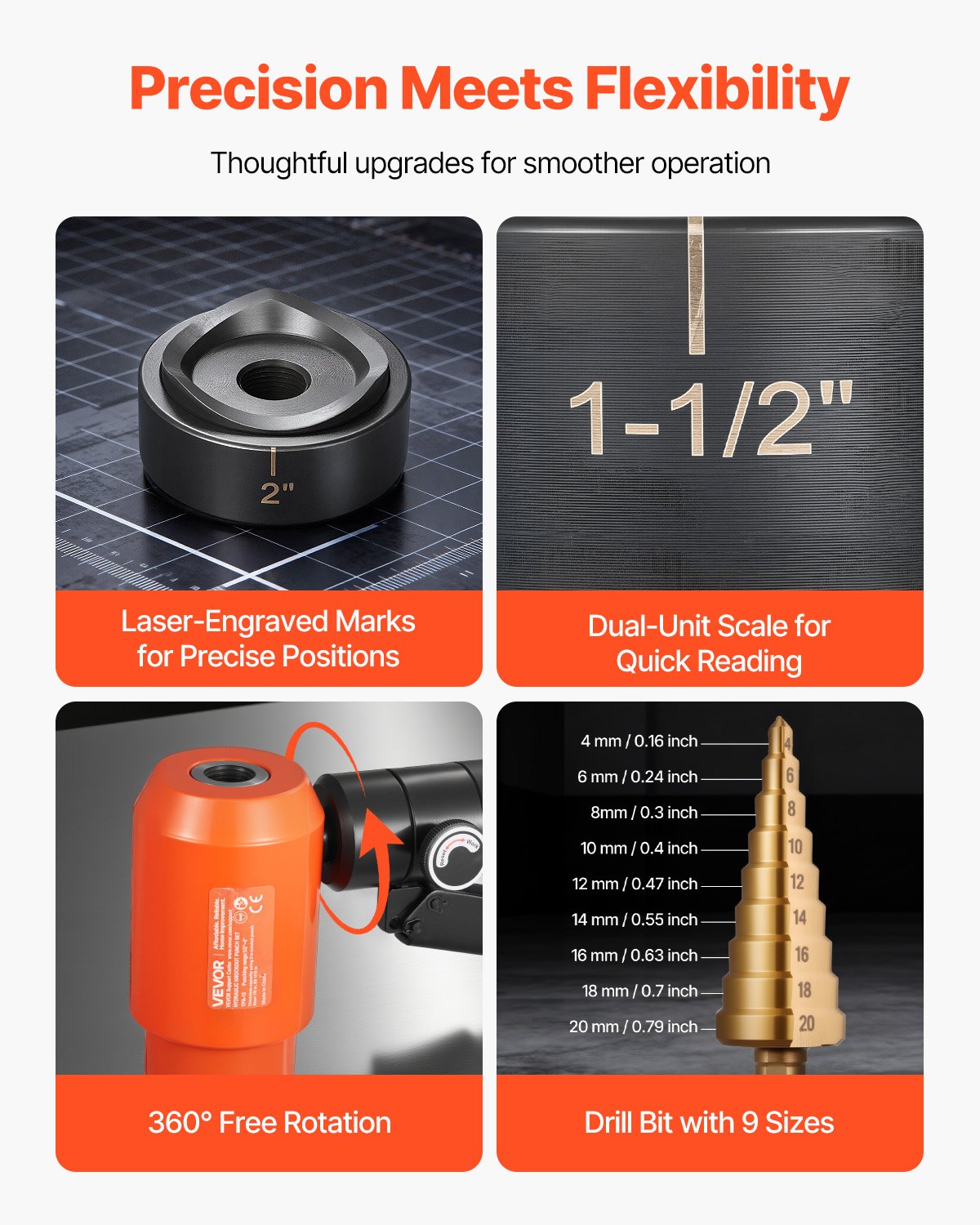 VEVOR Kit de Punzón Pelador de 15 T, Juego de Punzones de 12,7 a 101,6 mm, Herramienta para Hacer Agujeros, con 10 Matrices para Armarios Eléctricos Metálicos y Armarios de Distribución, Negro